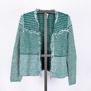 Chico's Structured Tweed Cardigan Women's MEDIUM Open Fringed Cotton Wool Blend